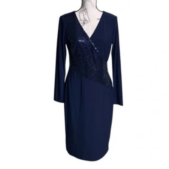 Lauren Ralph Lauren navy blue sequin-panel long sleeve dress size M - Picture 3 of 7